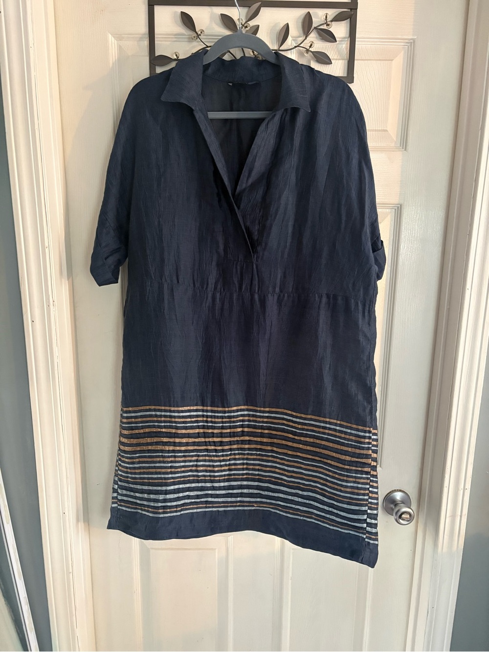 Lafayette 148 New York Shirt L Dress Blue metallic stripes Coastal Luxe linen